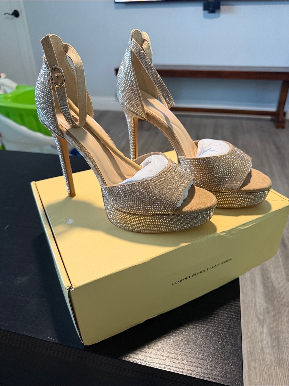 Women's Gold Crystal Platform Ankle-Strap Heels